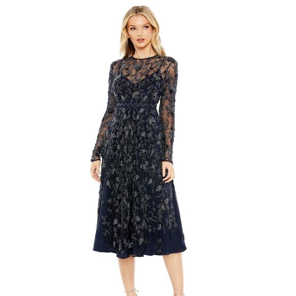 Mac Duggal BEADED ILLUSION HIGH NECK LONG SLEEVE A LINE GOWN 6 NEW 10799